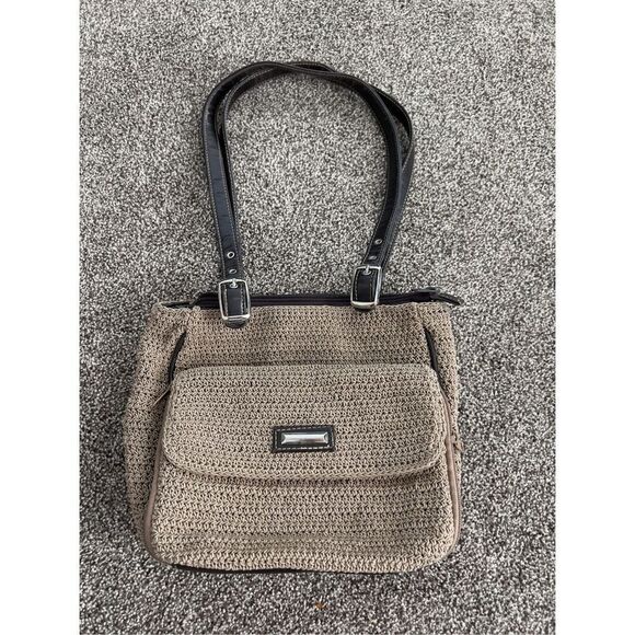 Tan crochet shoulder bag with large front pocket - Picture 1 of 9